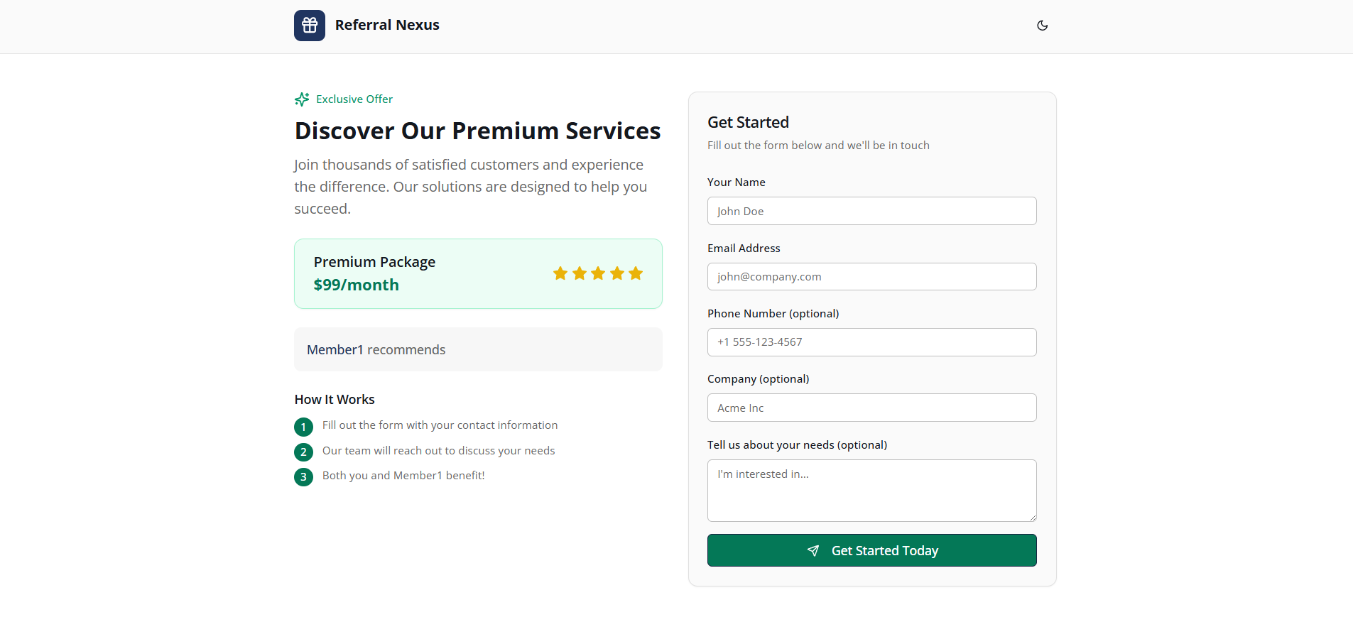 Public share page with referral form